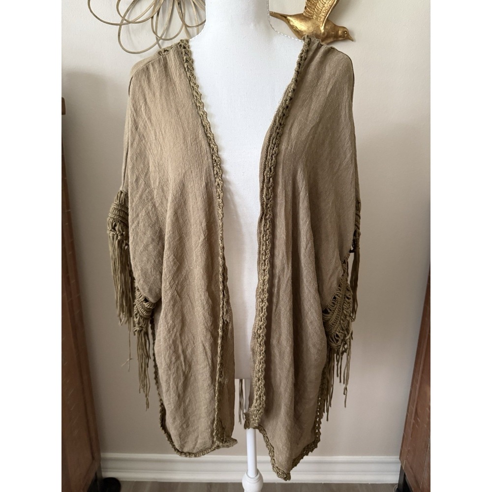 Boho Olive Fringe Kimono Open Front Macrame Medallion Back One‎ Size Festival